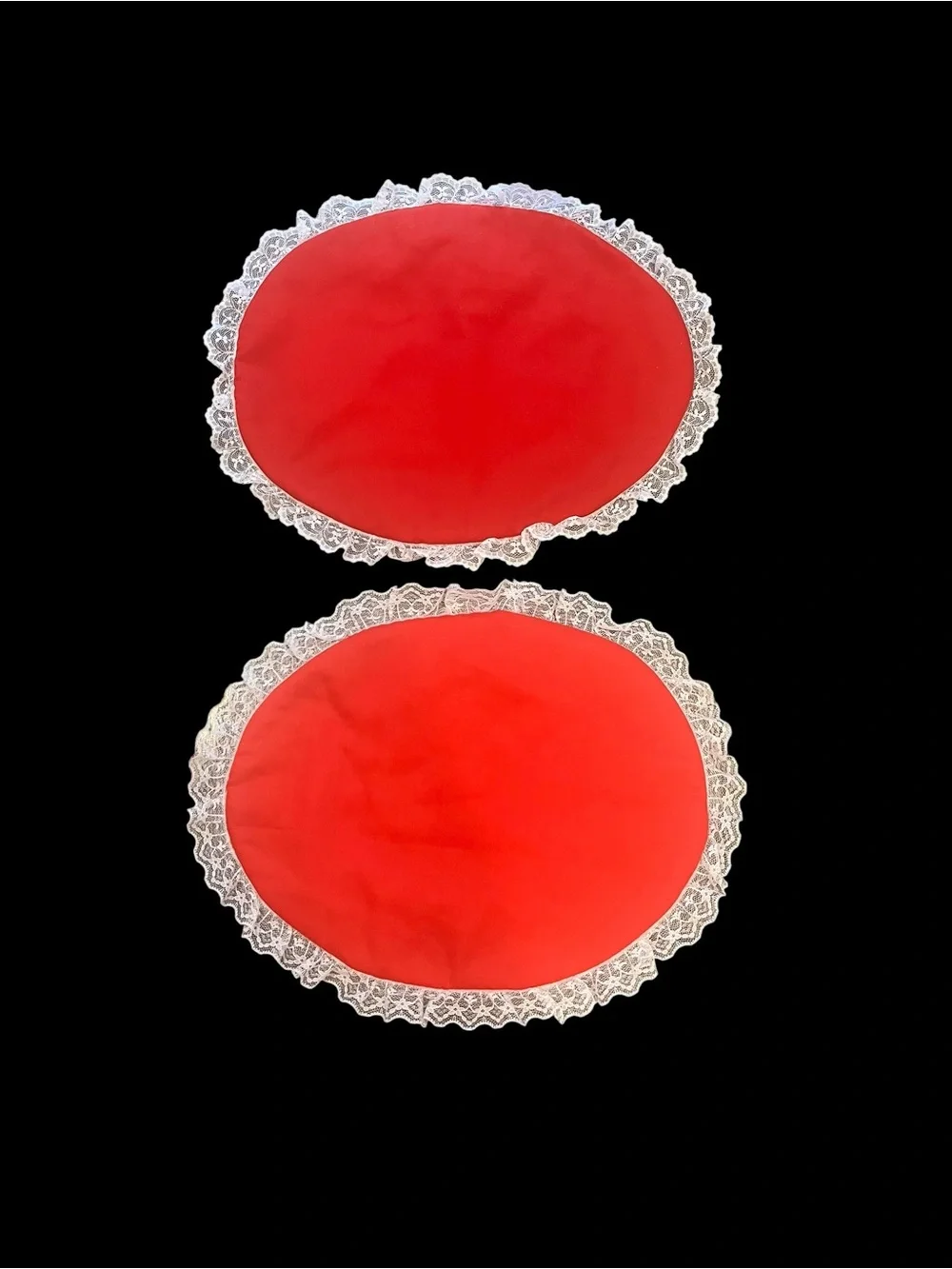 Red White Checkered Gingham Hearts Fabric Oval Placemats Lace Trim - Set of 4